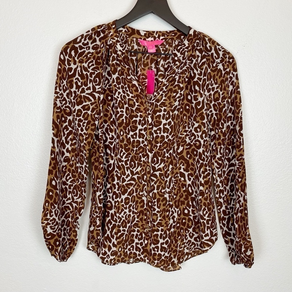 Lilly Pulitzer Saige Silk Long Sleeve Blouse Leopard Cheetah Animal - Picture 4 of 7